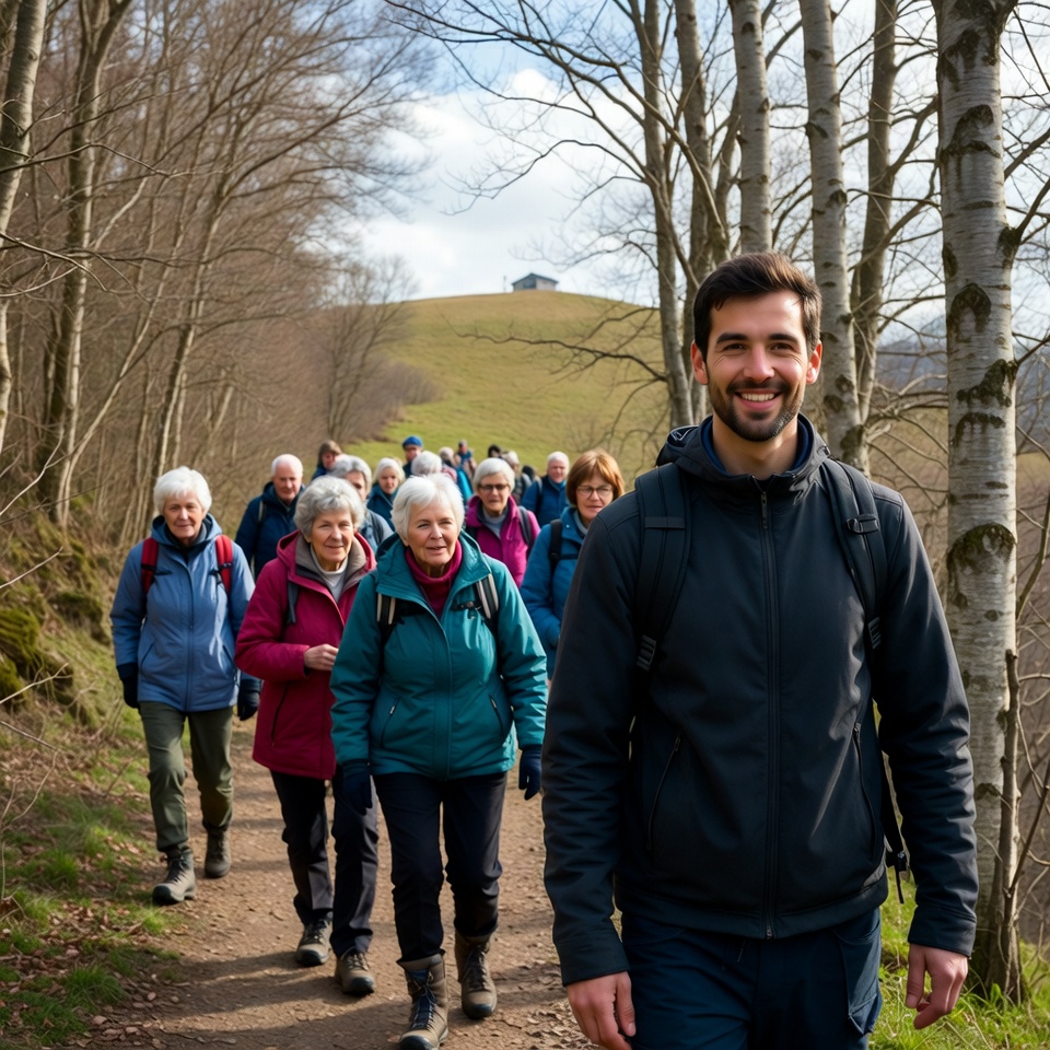 Group hiking trail in autumn forest Group hiking trail in autumn forest