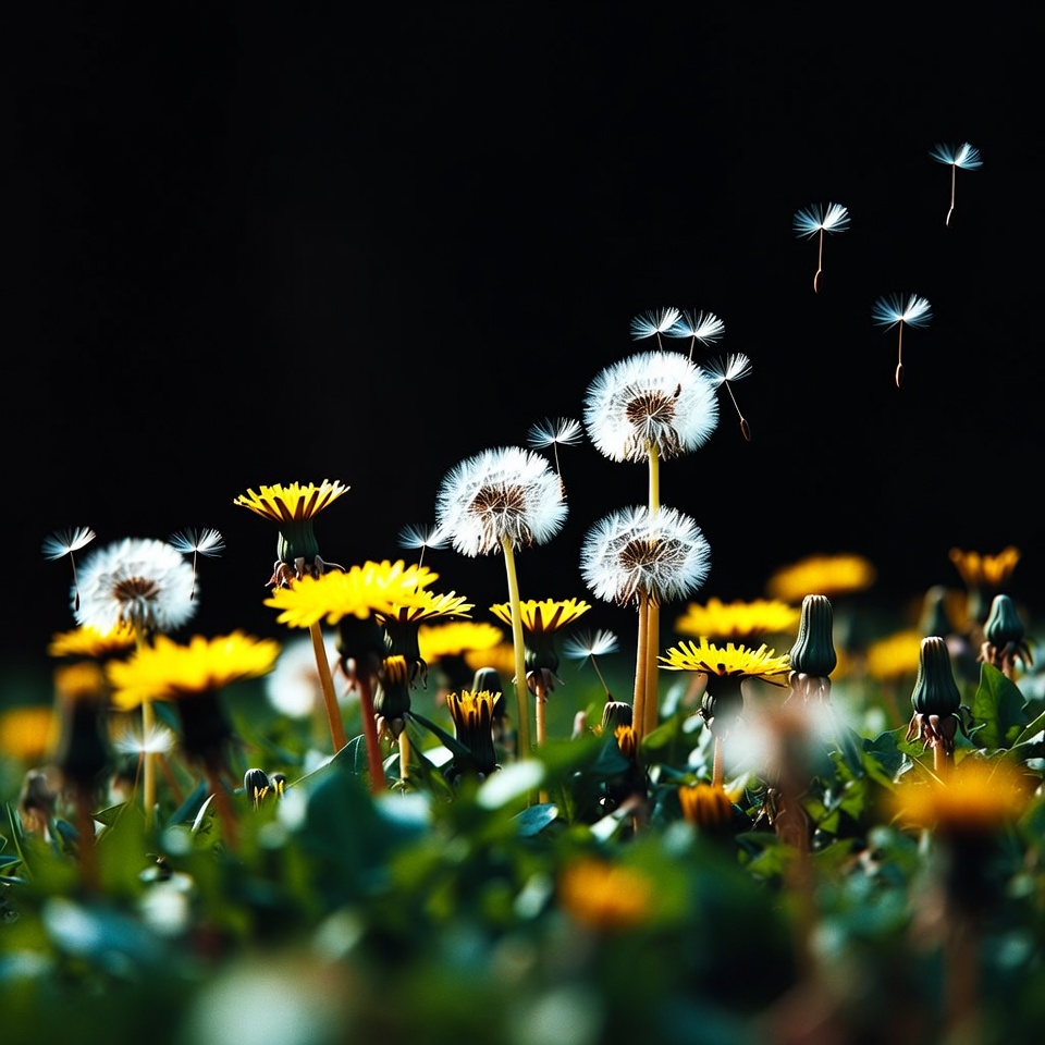 Dandelion Seeds Floating on Dark Background Dandelion Seeds Floating on Dark Background