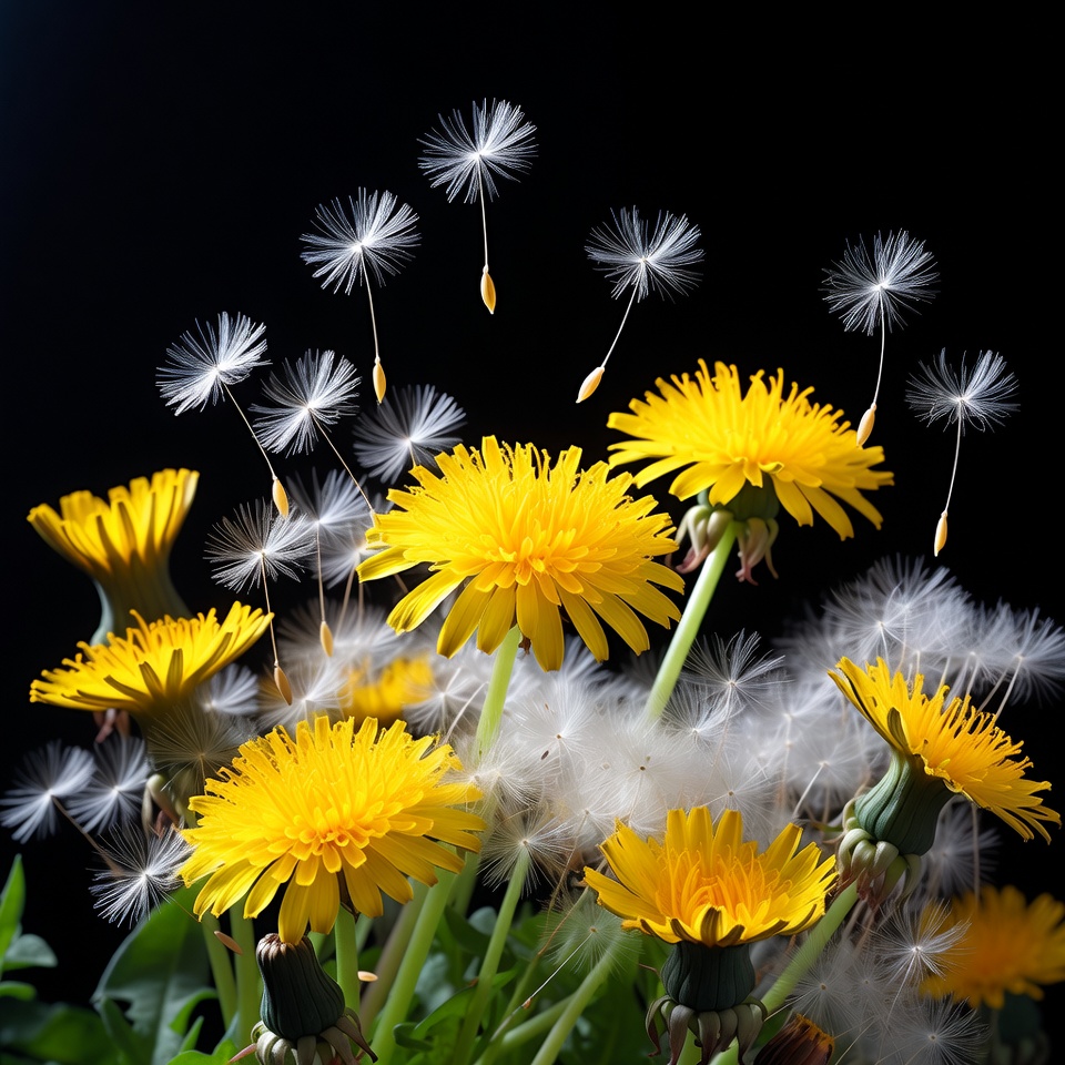 Dandelion Flowers with Seeds on Black Dandelion Flowers with Seeds on Black