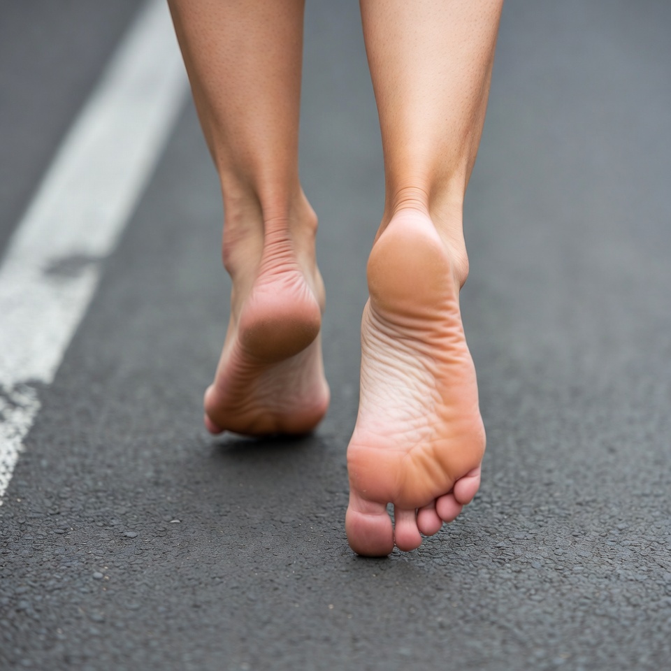 Woman's bare feet walking on road Woman's bare feet walking on road