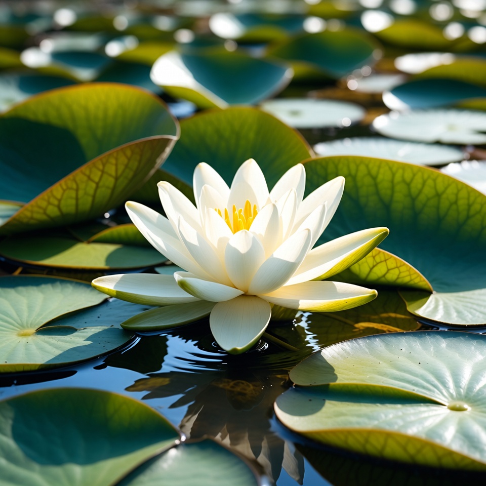 White lotus flower on green lily pads White lotus flower on green lily pads