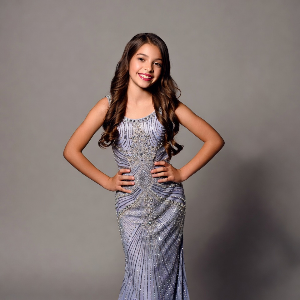 Girl in sparkling silver gown smiling Girl in sparkling silver gown smiling