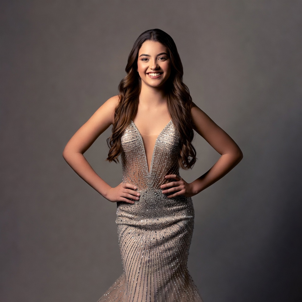 Smiling Latina woman in sparkling gown Smiling Latina woman in sparkling gown