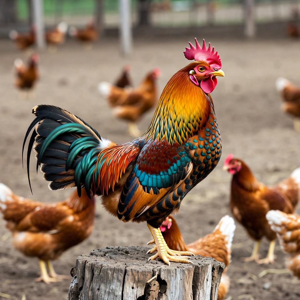 Colorful Rooster Standing on Stump Colorful Rooster Standing on Stump
