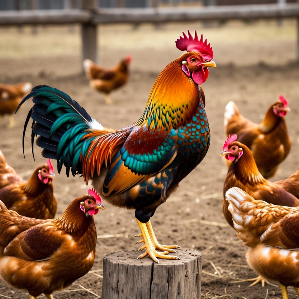 Colorful Rooster with Hens on Farm Colorful Rooster with Hens on Farm