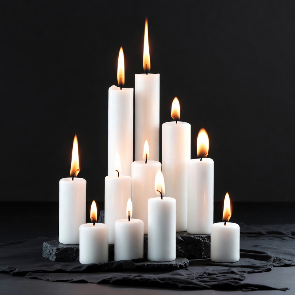 White Candles Burning on Black Background White Candles Burning on Black Background