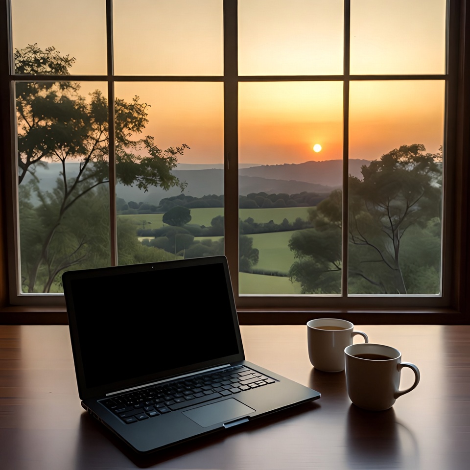 Laptop and Coffee by Sunset Window View Laptop and Coffee by Sunset Window View