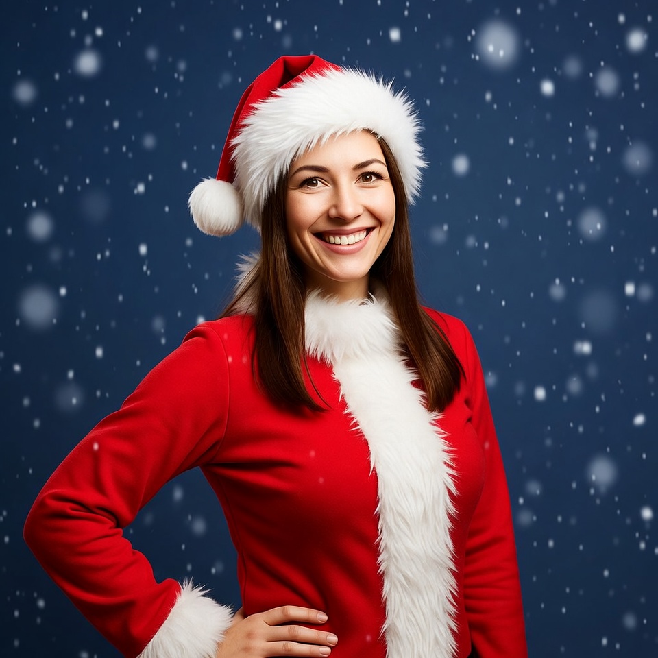 Smiling woman in Santa hat and red coat Smiling woman in Santa hat and red coat