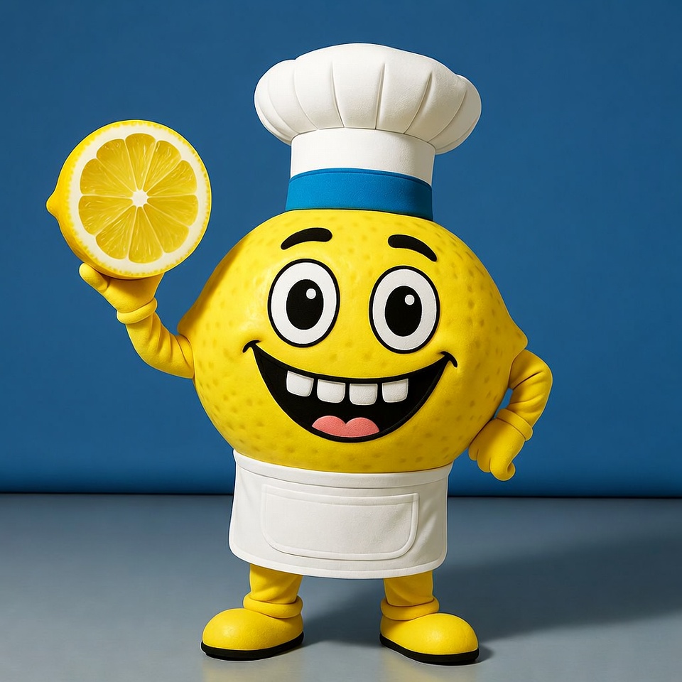 Chef Lemon Mascot Holding Lemon Slice Chef Lemon Mascot Holding Lemon Slice