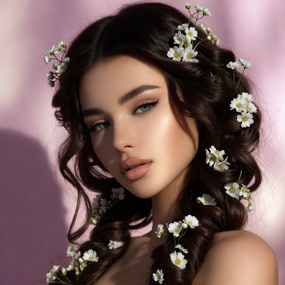 Woman with daisies in dark hair Woman with daisies in dark hair