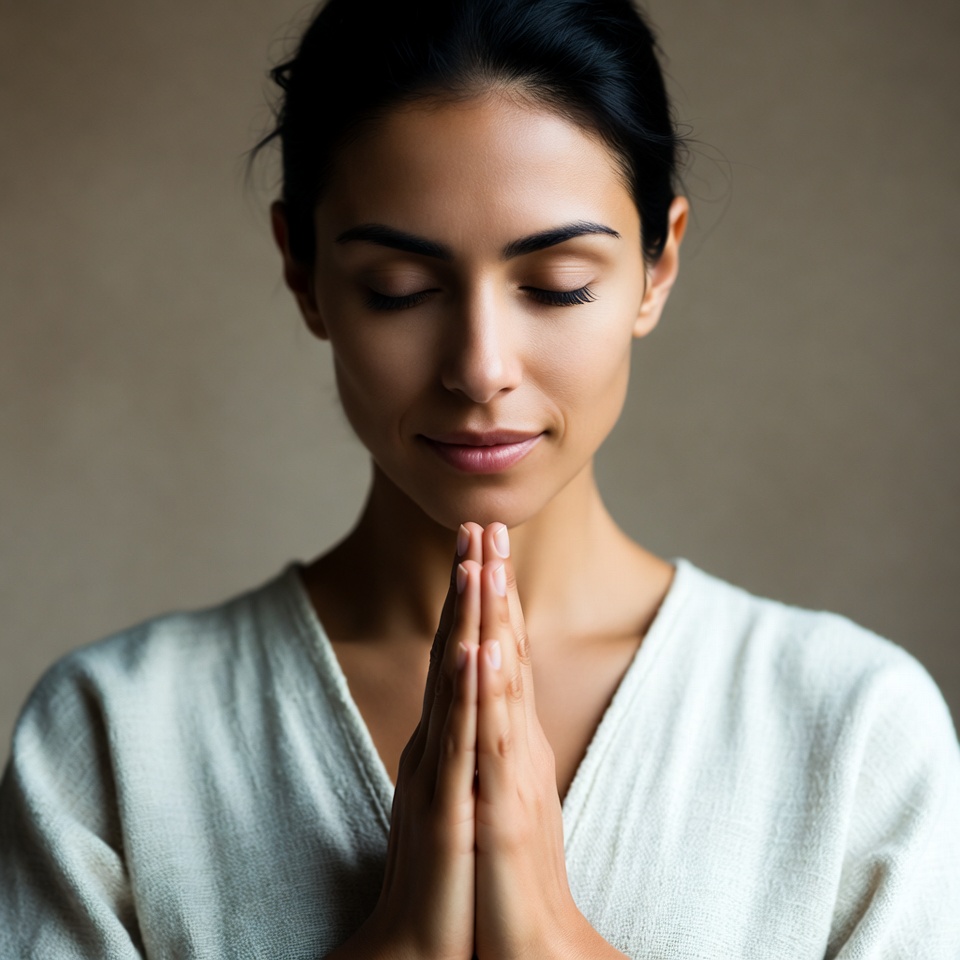 Woman praying with hands together Woman praying with hands together