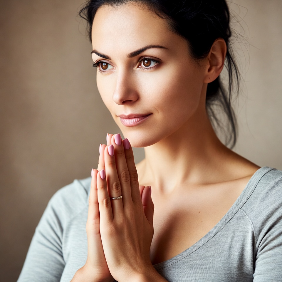 Woman praying with hands together Woman praying with hands together