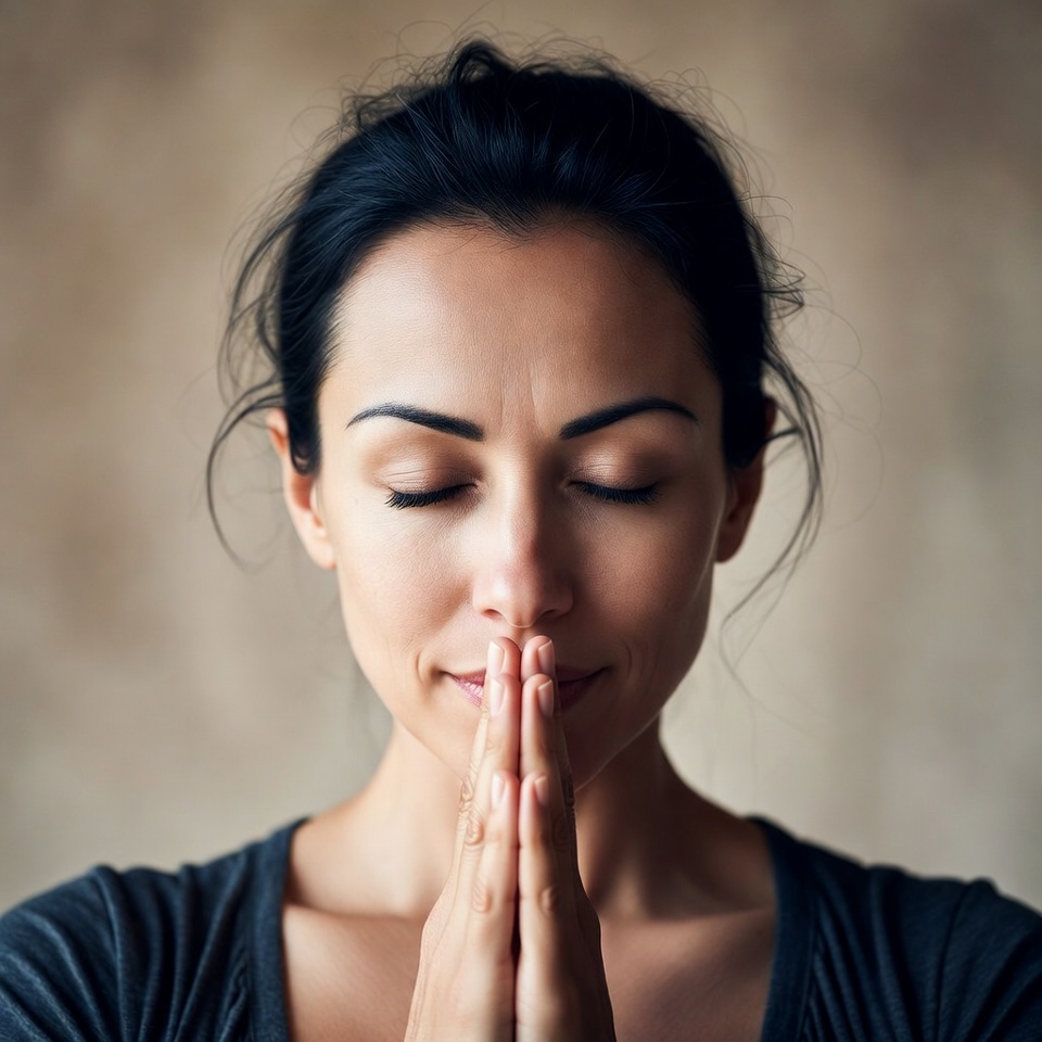 Woman praying with hands together Woman praying with hands together
