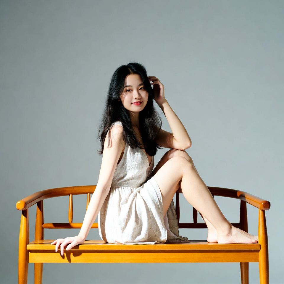 Asian woman sitting on wooden bench Asian woman sitting on wooden bench
