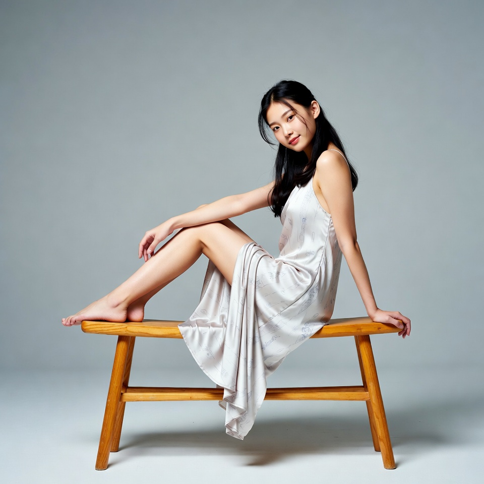 Asian woman sitting on wooden bench Asian woman sitting on wooden bench