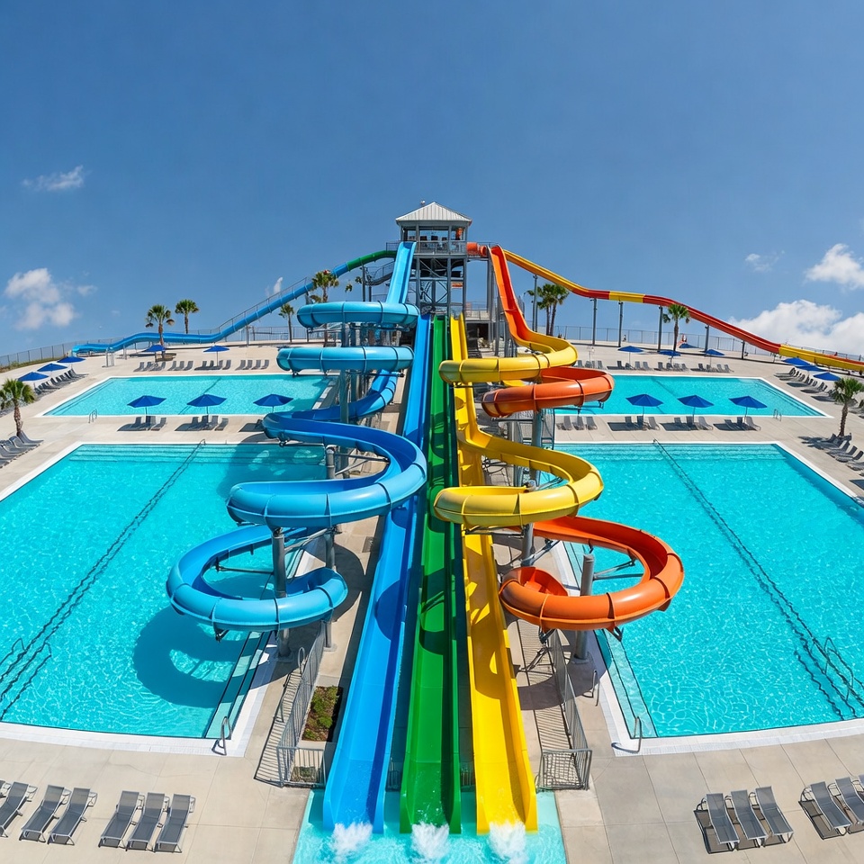Colorful Water Slides Over Swimming Pool Colorful Water Slides Over Swimming Pool