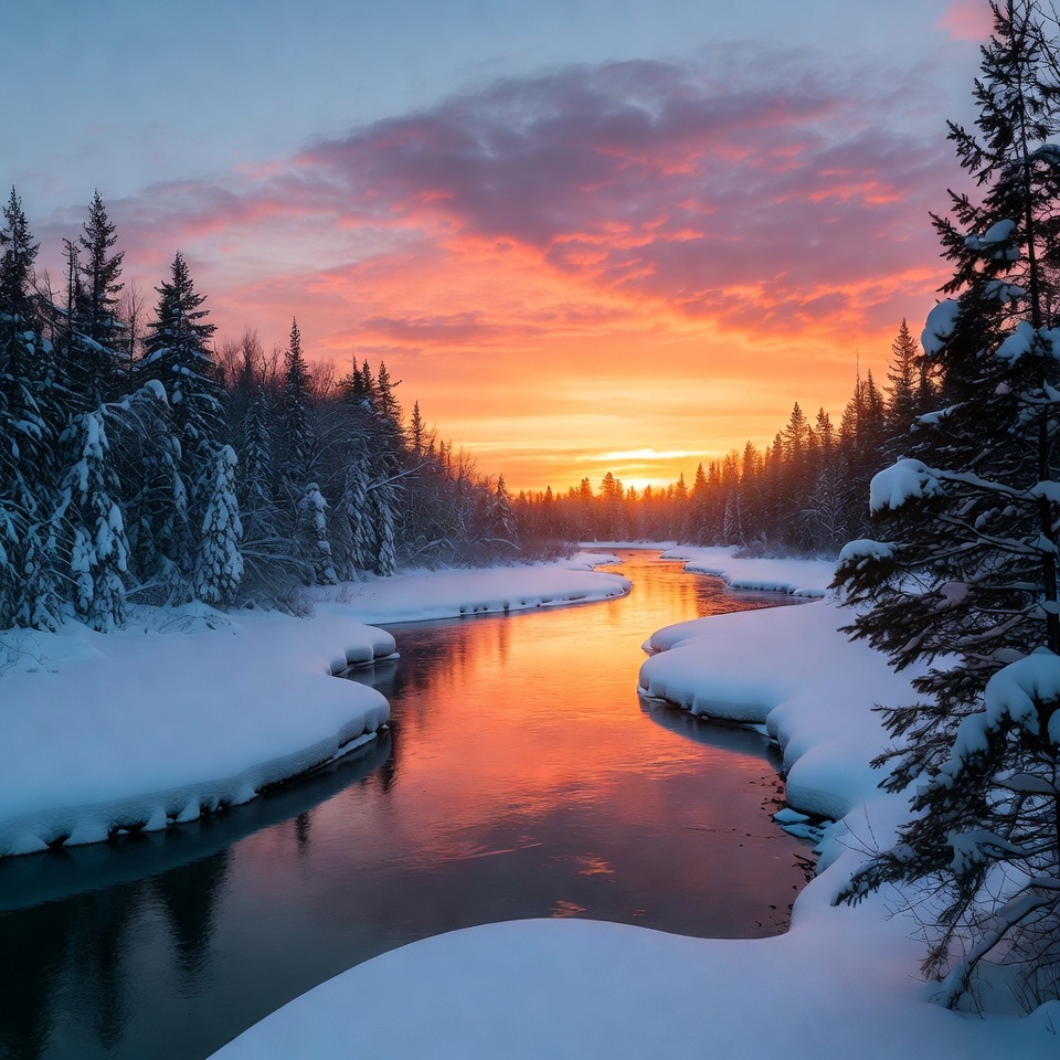 Snowy River Sunset in Forest Snowy River Sunset in Forest