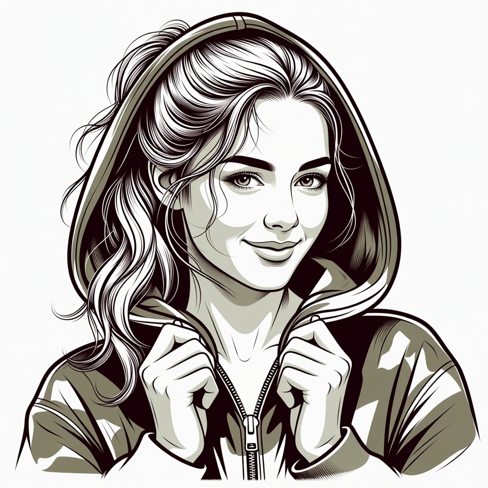 Woman in hoodie unzipping jacket Woman in hoodie unzipping jacket