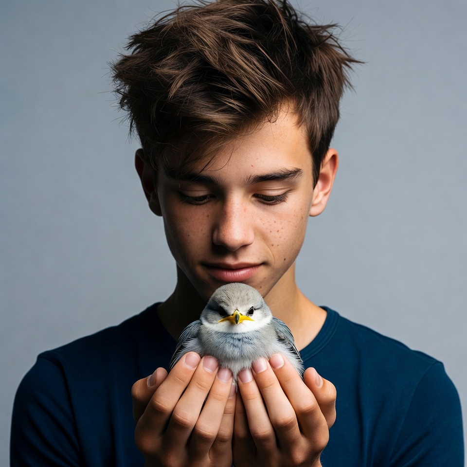 Teen boy holding small bird Teen boy holding small bird