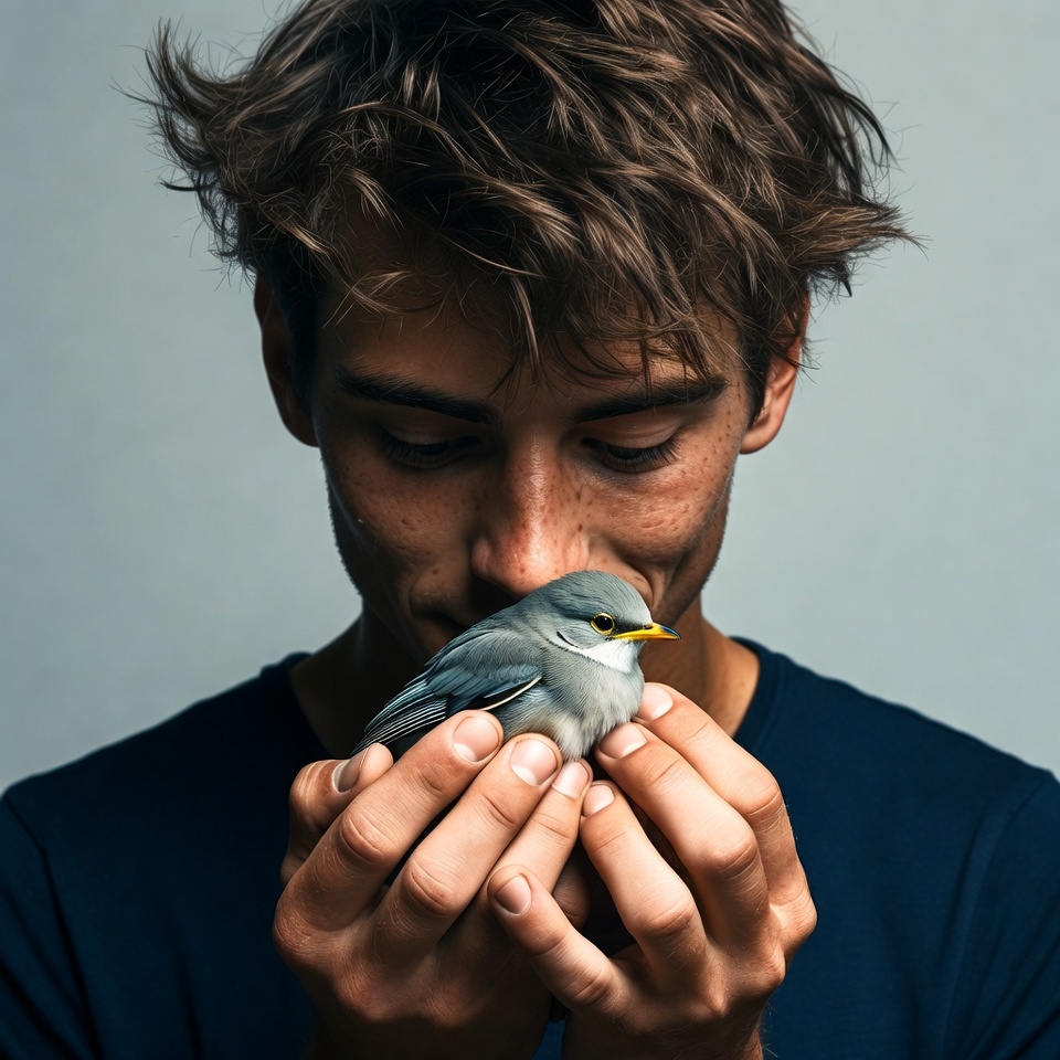 Man holding small gray bird Man holding small gray bird