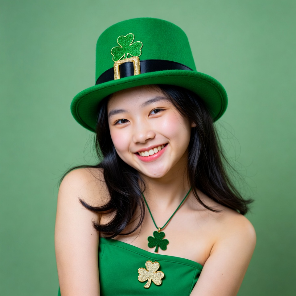 Asian girl in green St. Patrick's hat Asian girl in green St. Patrick's hat