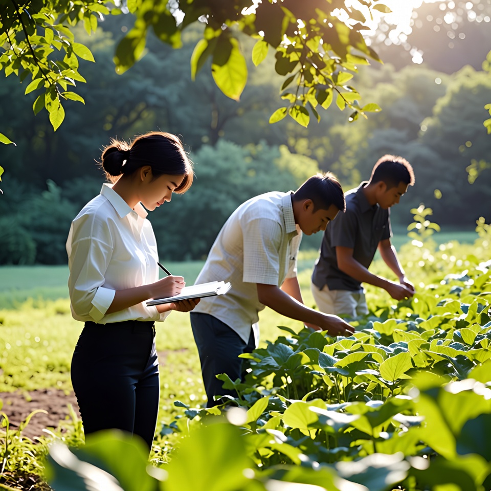 Asian scientists inspecting plants in field Asian scientists inspecting plants in field