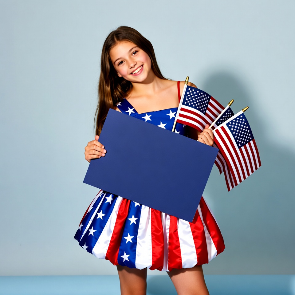 Girl holding blank sign with American flags Girl holding blank sign with American flags
