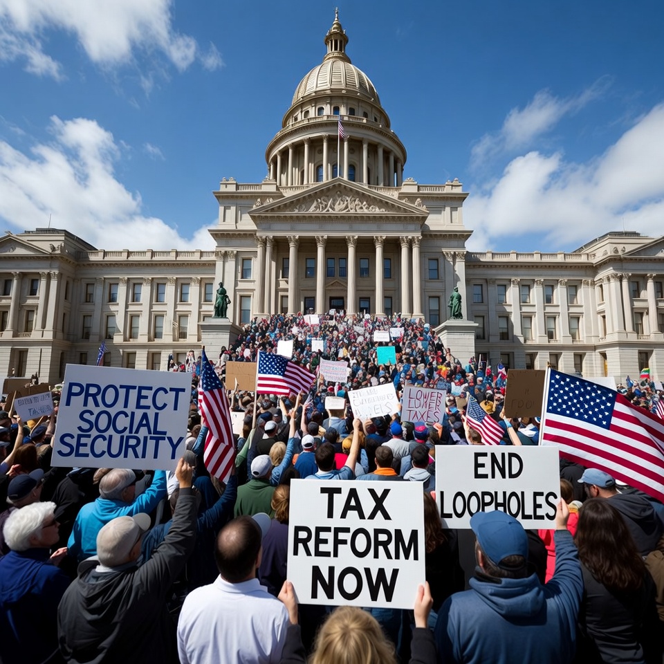 Crowd protesting at capitol with signs Crowd protesting at capitol with signs