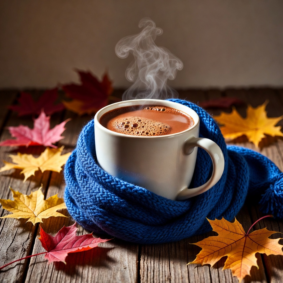 Hot Cocoa Mug with Scarf and Autumn Leaves Hot Cocoa Mug with Scarf and Autumn Leaves