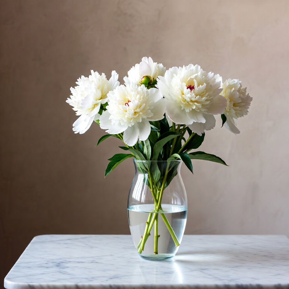 White Peonies in Clear Glass Vase White Peonies in Clear Glass Vase