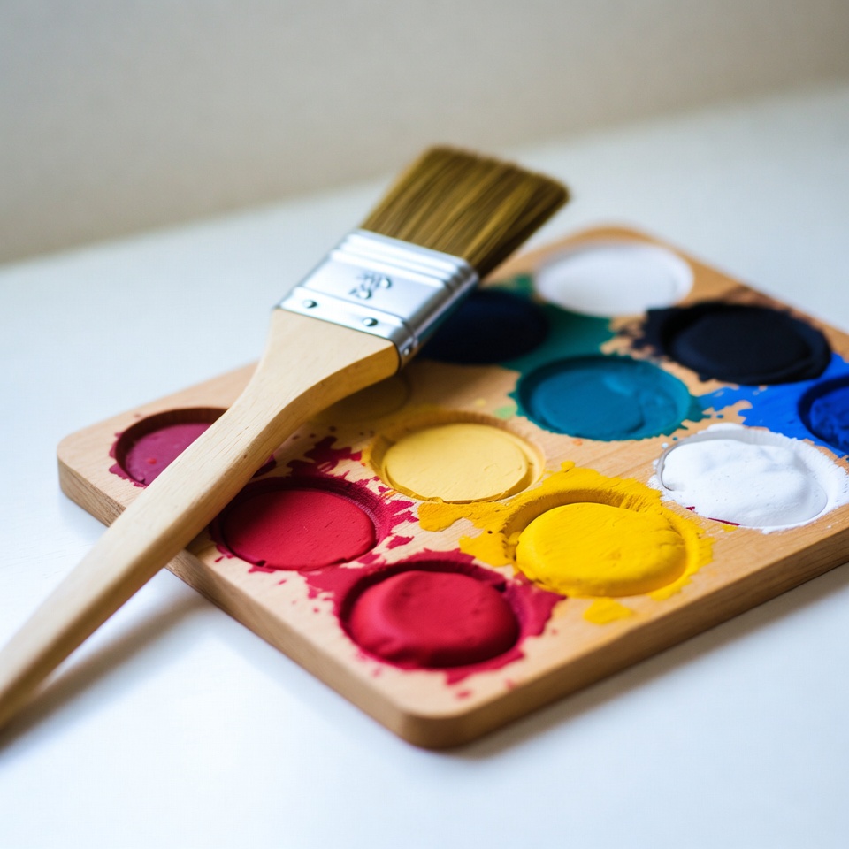 Paintbrush and Colorful Paint Palette Paintbrush and Colorful Paint Palette