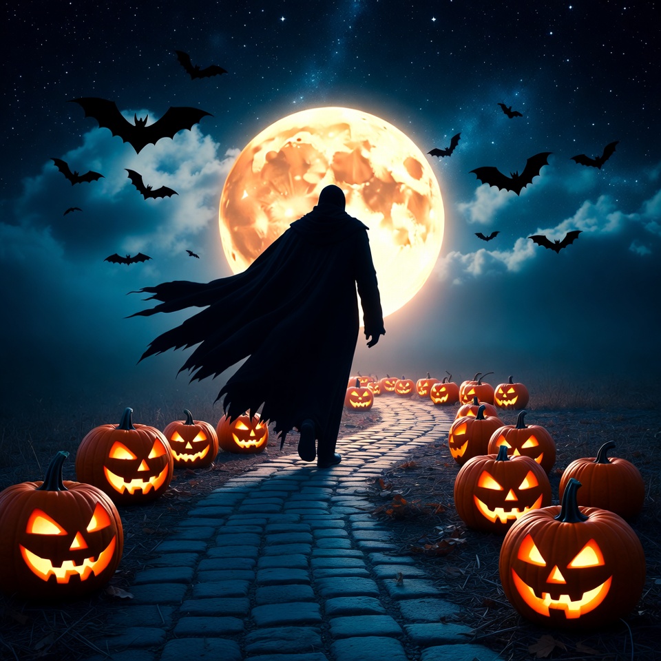 Man walking path of jack-o-lanterns under full moon Man walking path of jack-o-lanterns under full moon