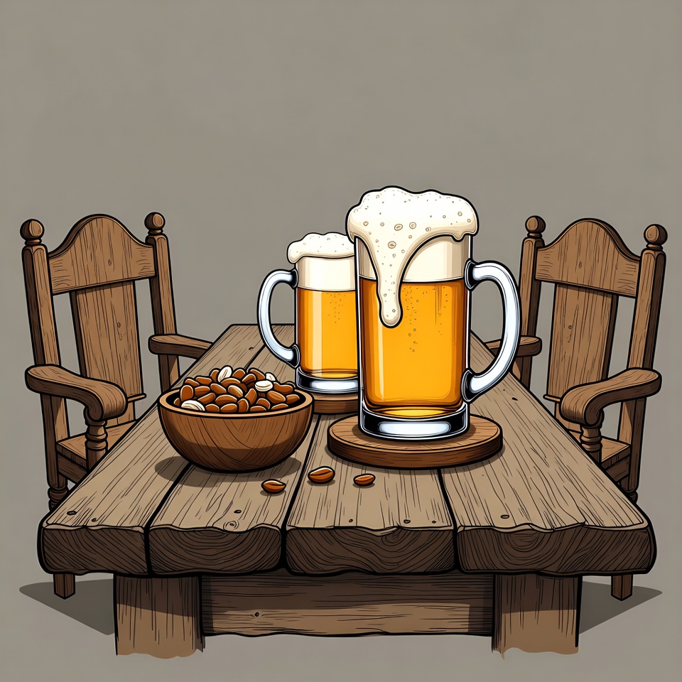 Beer Mugs and Peanuts on Wooden Table Beer Mugs and Peanuts on Wooden Table