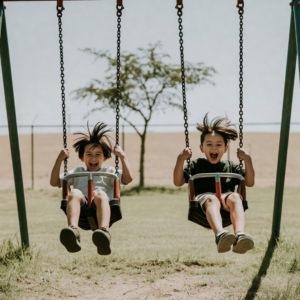 Two boys swinging on playground swings Two boys swinging on playground swings