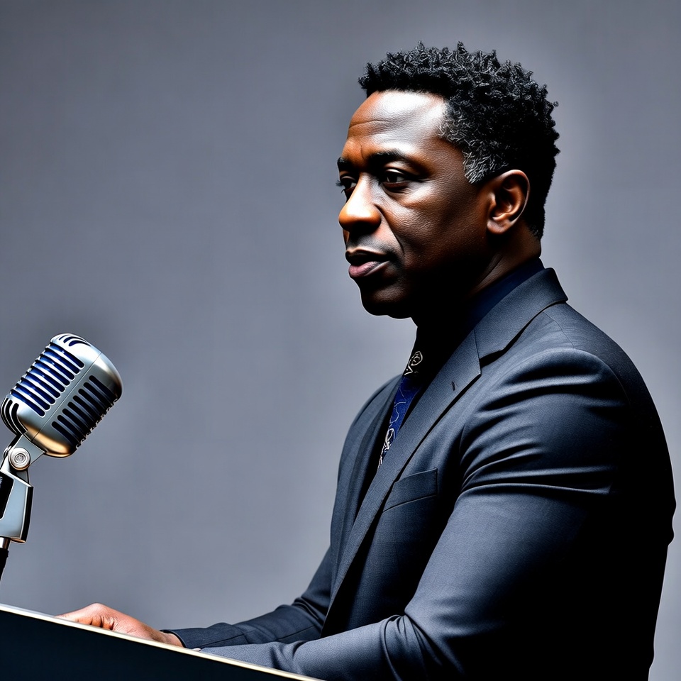 African-American man speaking into microphone African-American man speaking into microphone