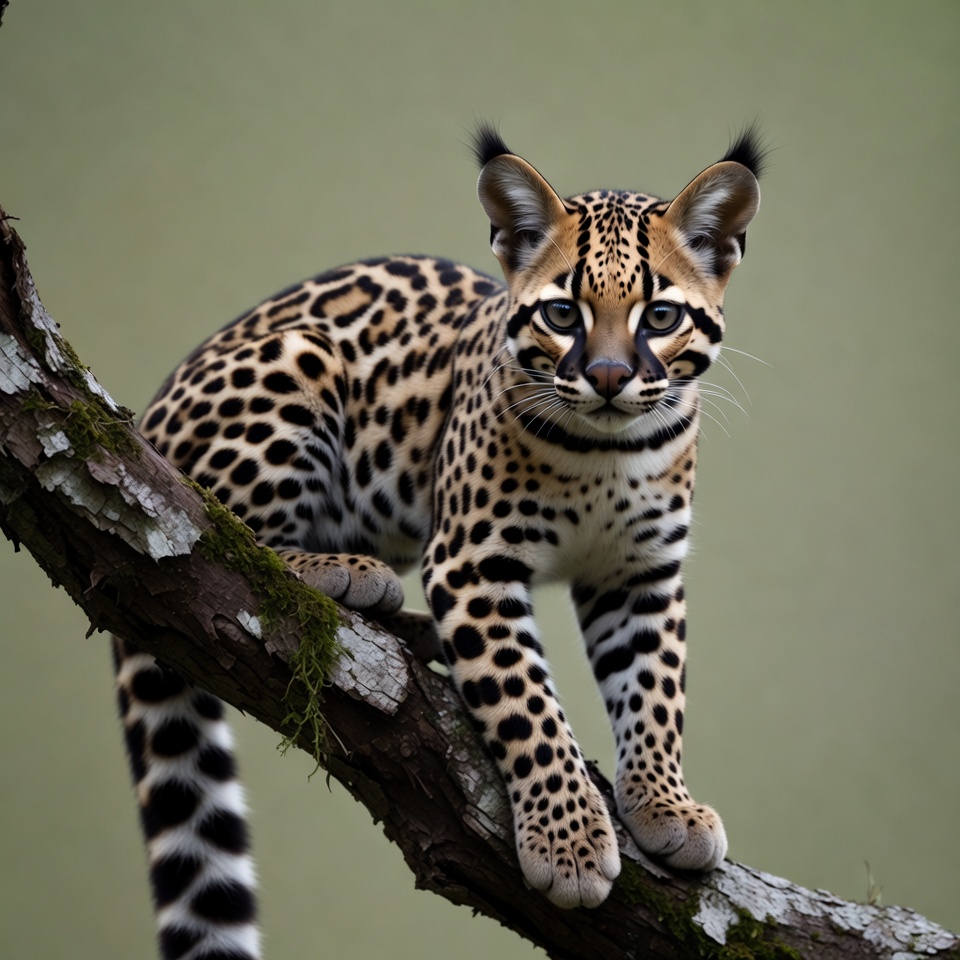 Ocelot kitten on tree branch Ocelot kitten on tree branch