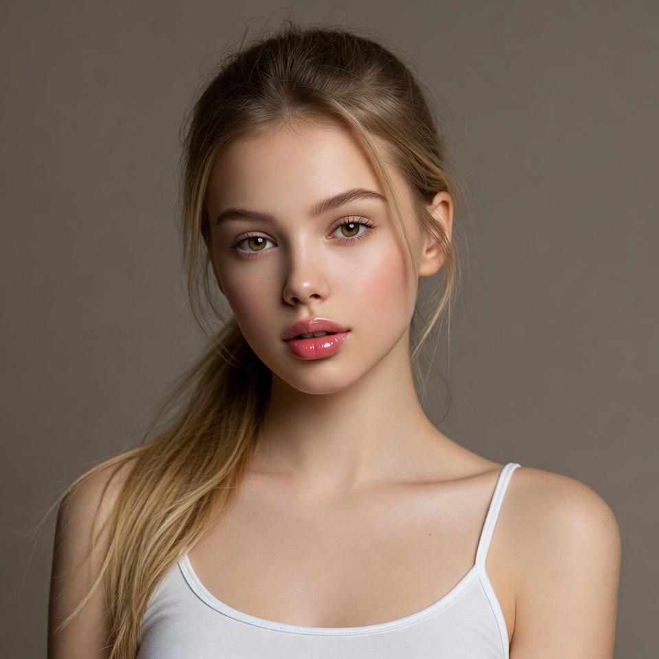 Young woman with ponytail in white tank top Young woman with ponytail in white tank top