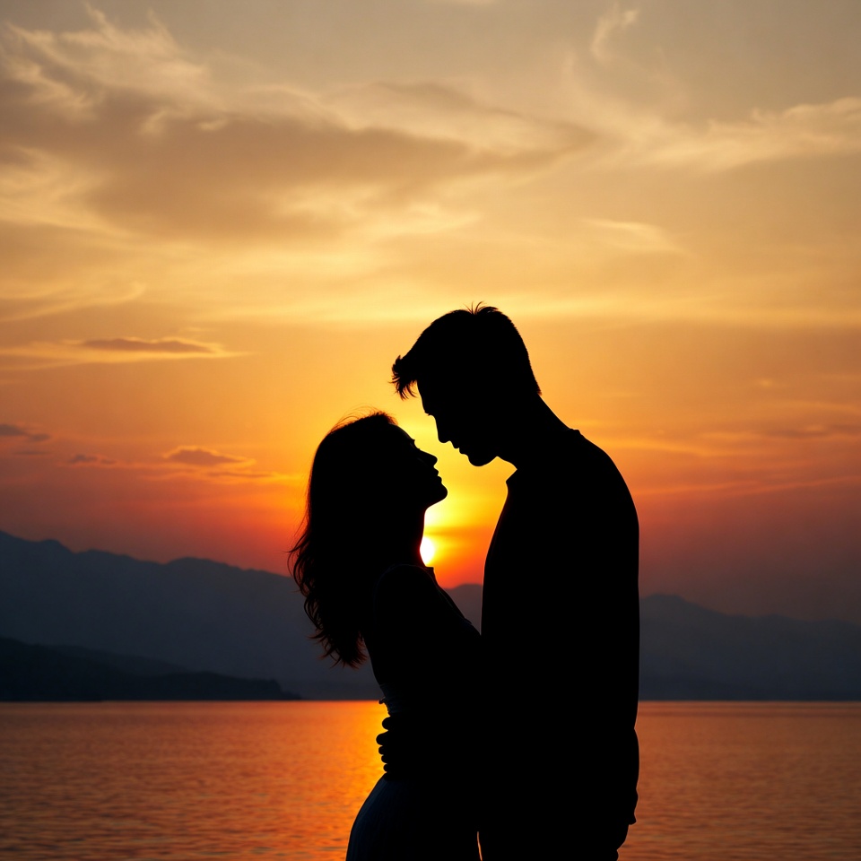 Silhouette couple embracing at sunset Silhouette couple embracing at sunset