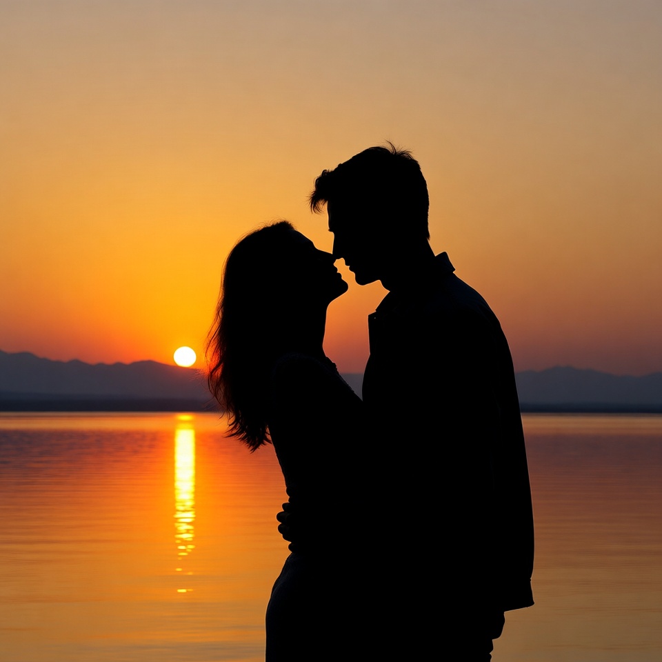 Silhouette couple kissing at sunset Silhouette couple kissing at sunset