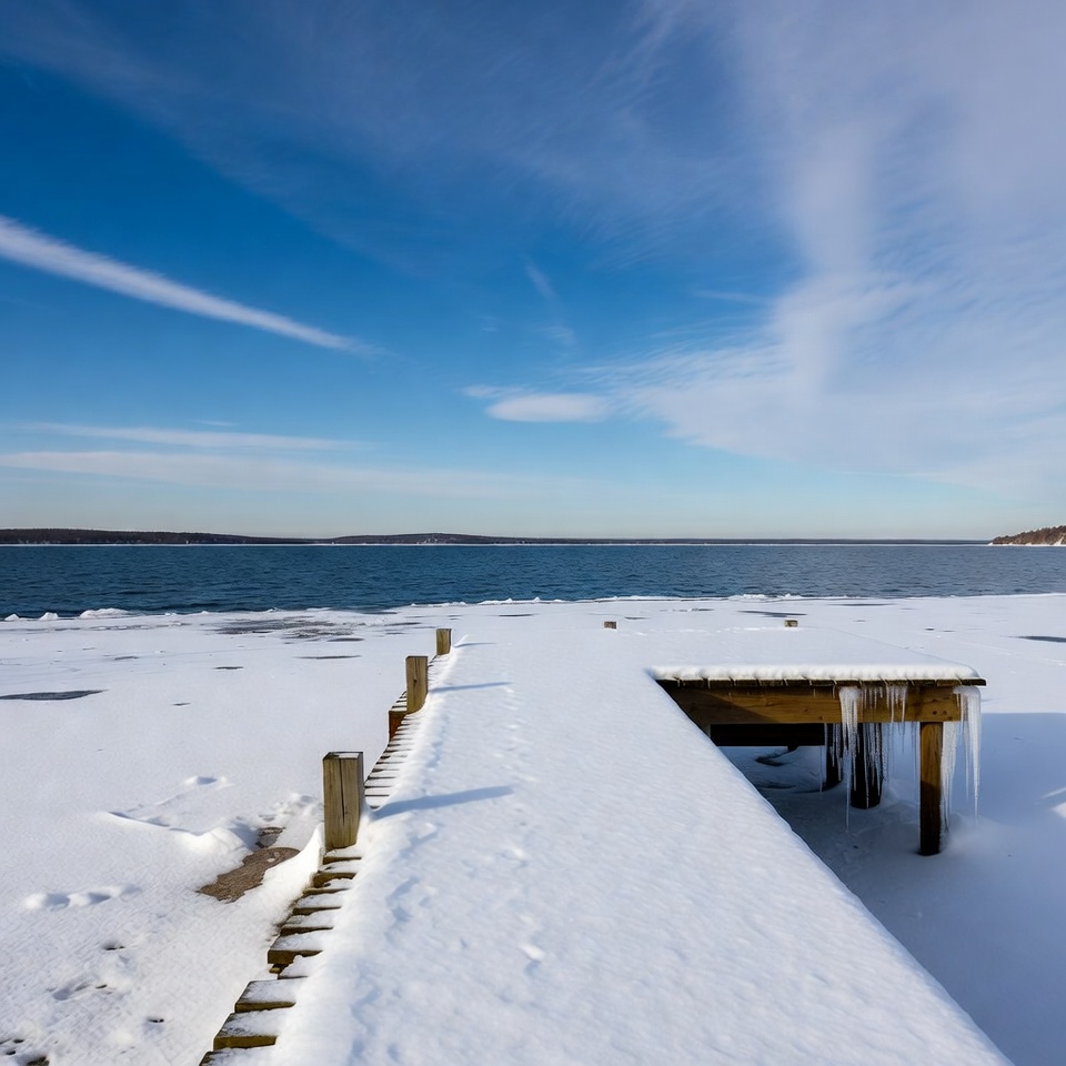 Snowy Wooden Pier on Frozen Lake Snowy Wooden Pier on Frozen Lake