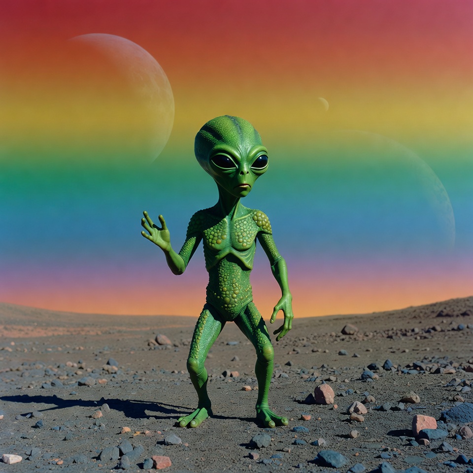 Green alien waving on alien planet Green alien waving on alien planet