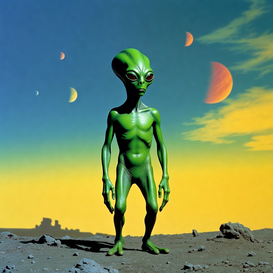 Green Alien Standing on Alien Planet Green Alien Standing on Alien Planet