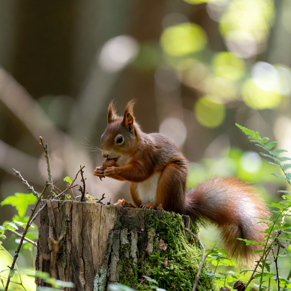 Red Squirrel Eating Nut on Stump Red Squirrel Eating Nut on Stump