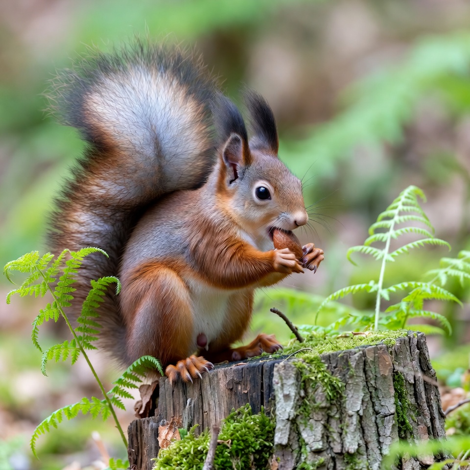 Red squirrel eating nut on mossy stump Red squirrel eating nut on mossy stump