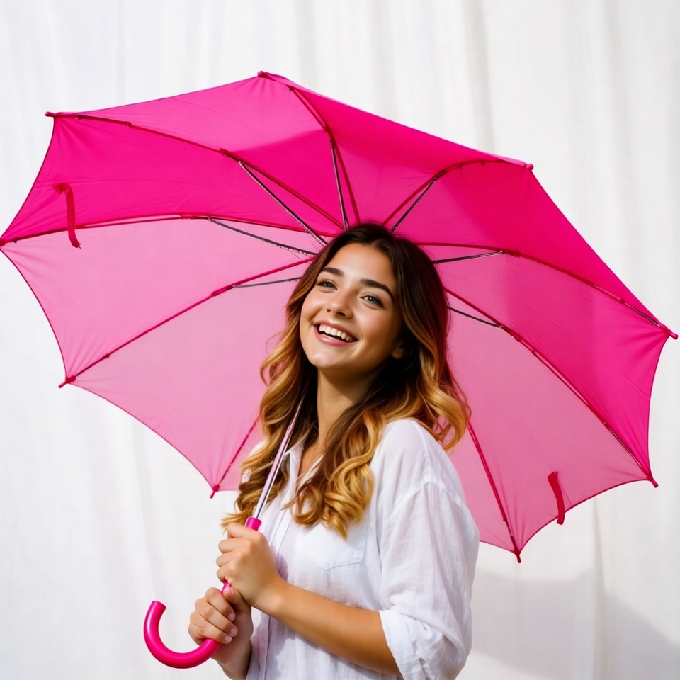 Smiling woman holding pink umbrella Smiling woman holding pink umbrella