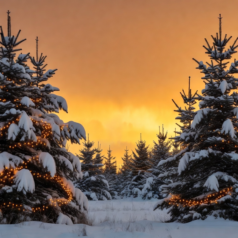 Snowy Christmas Trees with Lights at Sunset Snowy Christmas Trees with Lights at Sunset