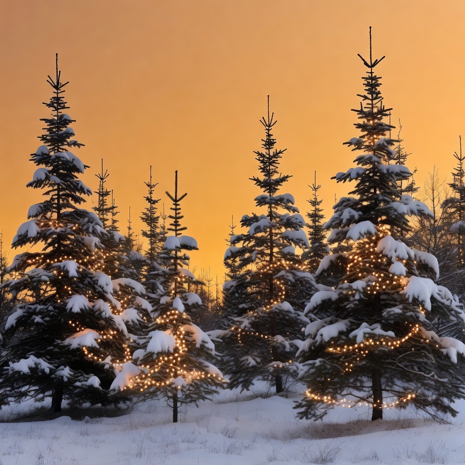 Snowy Christmas Trees with Lights at Sunset Snowy Christmas Trees with Lights at Sunset
