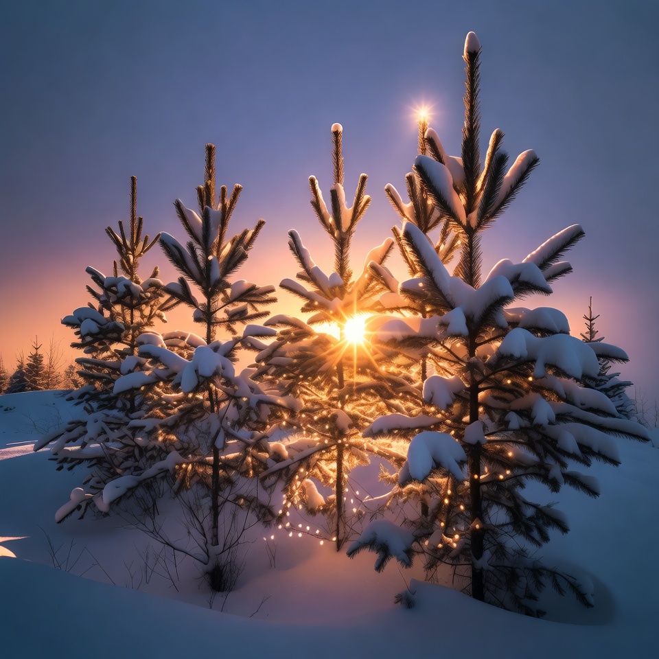 Snowy Pine Trees in Sunset Glow Snowy Pine Trees in Sunset Glow