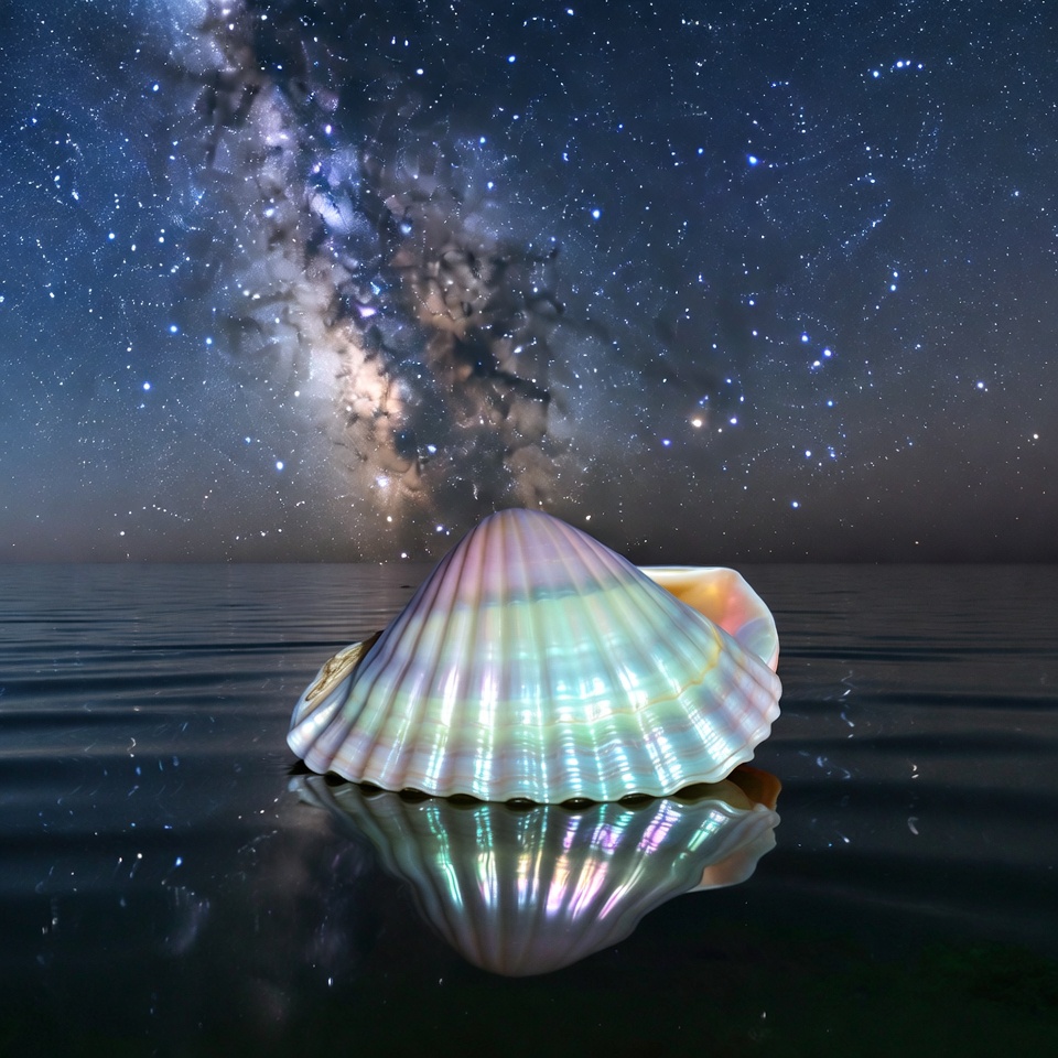 Shiny Seashell on Water under Milky Way Shiny Seashell on Water under Milky Way