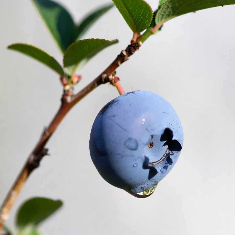 Blueberry with happy face on branch Blueberry with happy face on branch